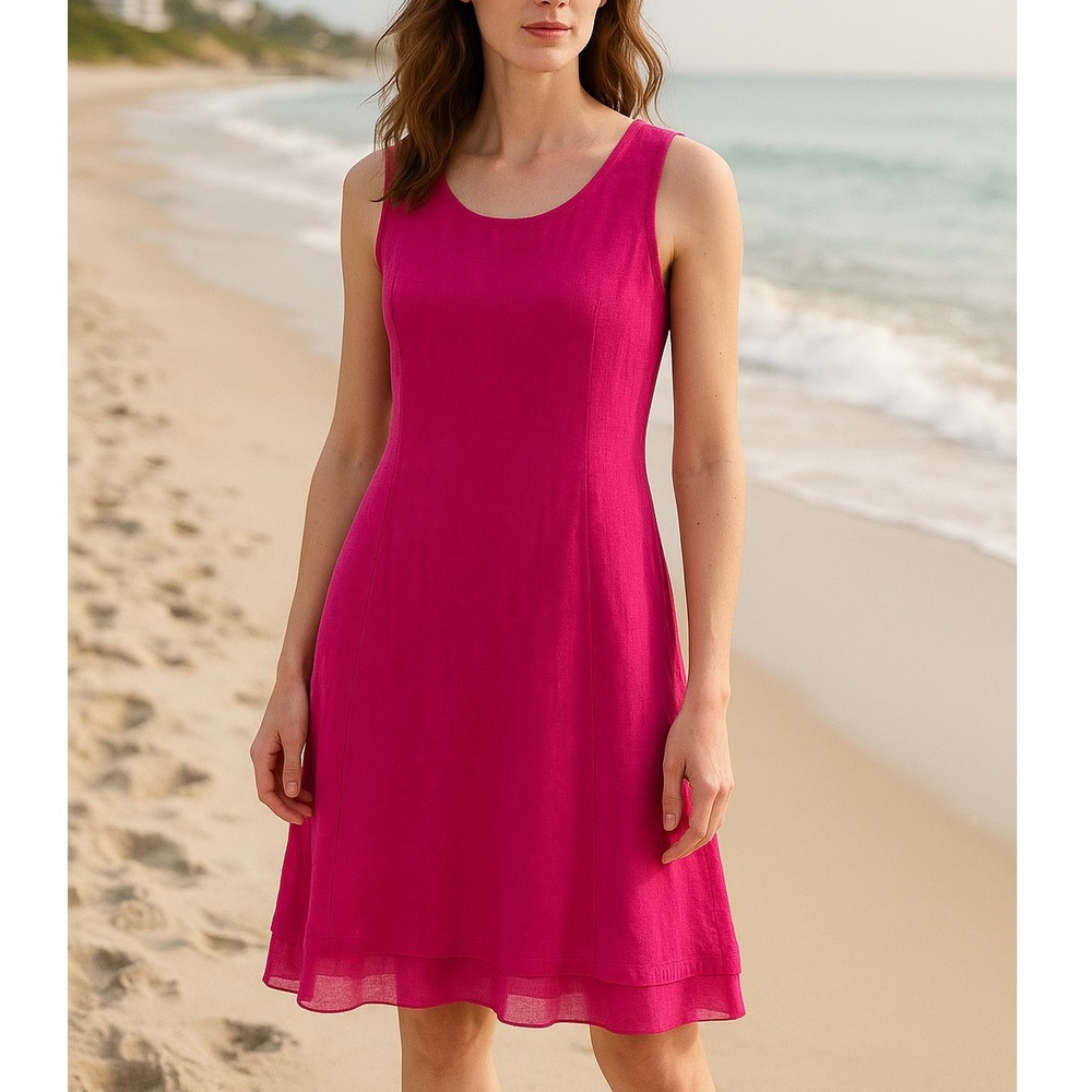 Allegra Masetti 100% Linen Hot Pink Knee Length Tank Dress SMALL Ruffle Hem S